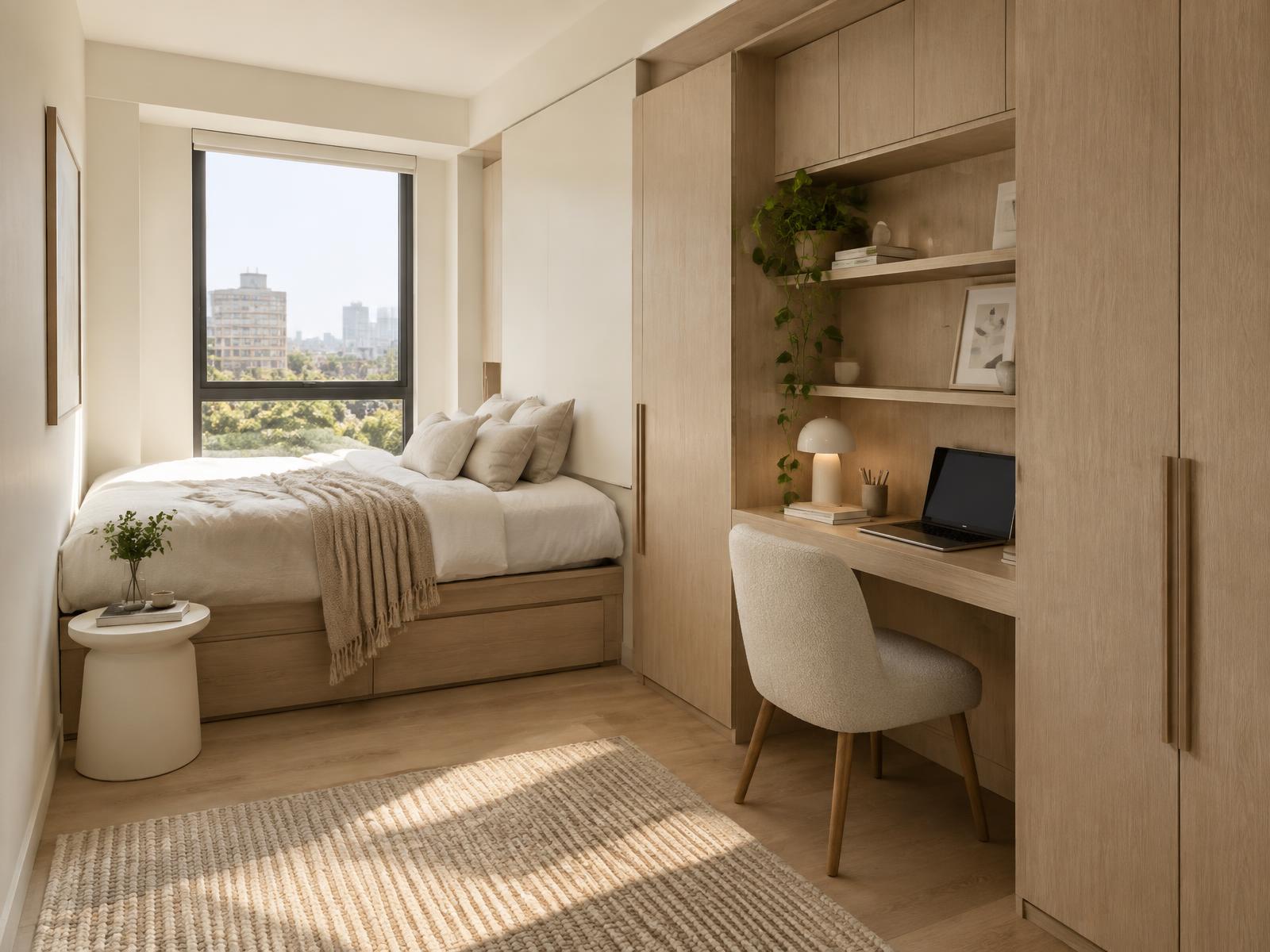 Apartamento compacto com móveis planejados integrados aproveitando o espaço