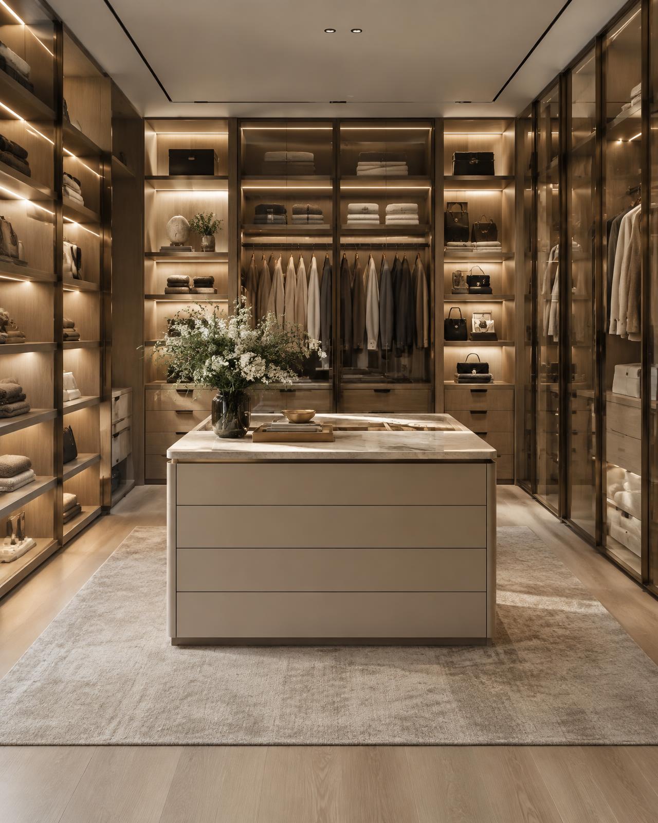 Closet planejado com prateleiras em madeira, ilha central e iluminação