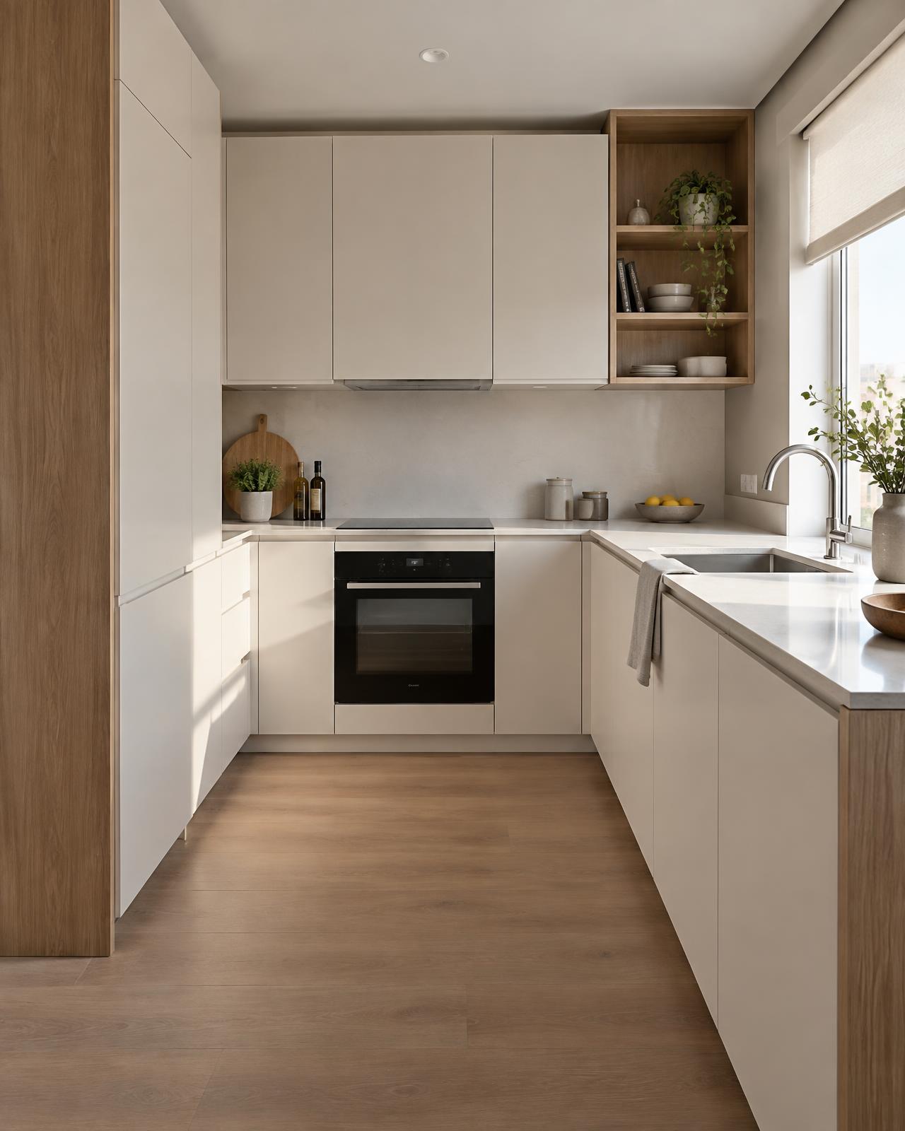 Projeto de cozinha planejada em apartamento com armários sem puxadores