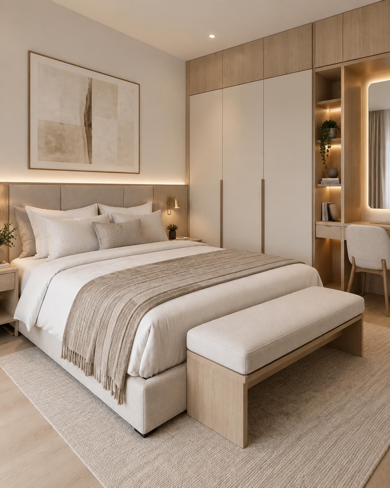 Quarto planejado com guarda-roupa sob medida e iluminação integrada